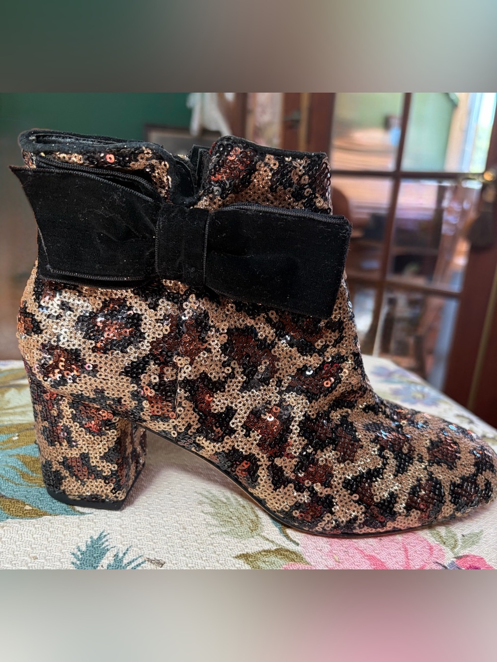 Kate Spade Sequin Leopard Print Ankle Boot with Black Velvet Bow - Women's